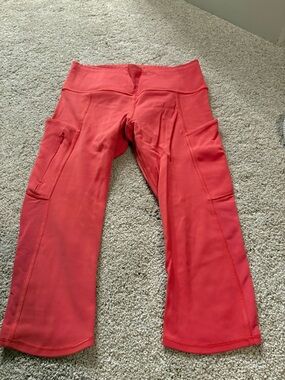 Athleta Coral-Red Crop Leggings with Pocket